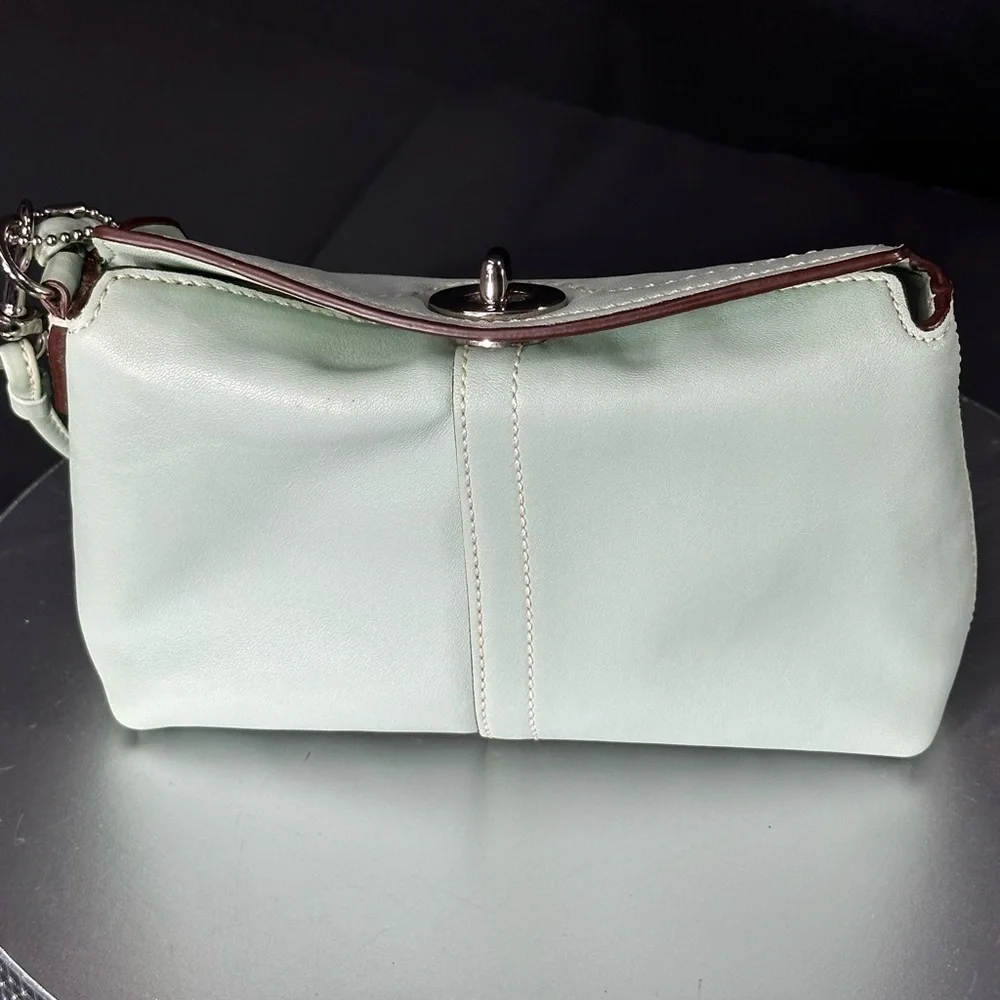 Mint Leather Wristlet Clutch with Turn-Lock Closure
